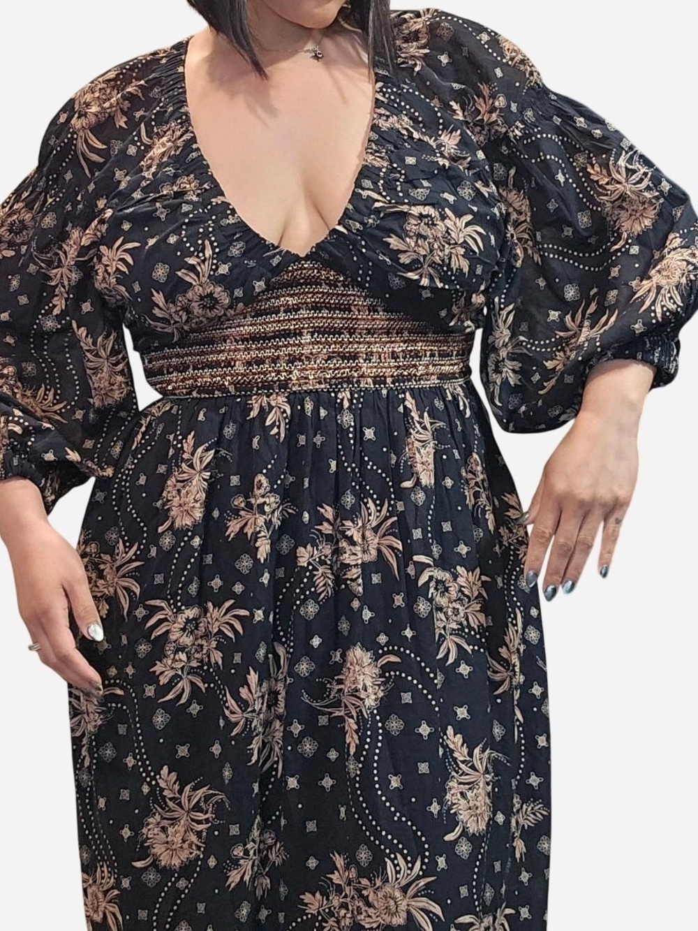 Free People Black Maxi Dress Boho Floral Print Smocked Waistline & Pockets-Large - Picture 4 of 7